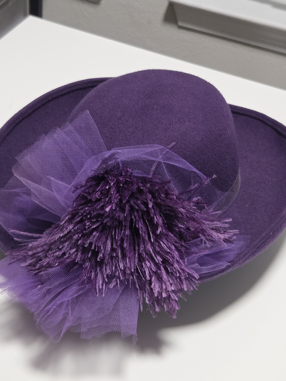 Mr. Charles Michael Howard Vintage Purple Wool Felt Church Hat Tulle Feather Pom